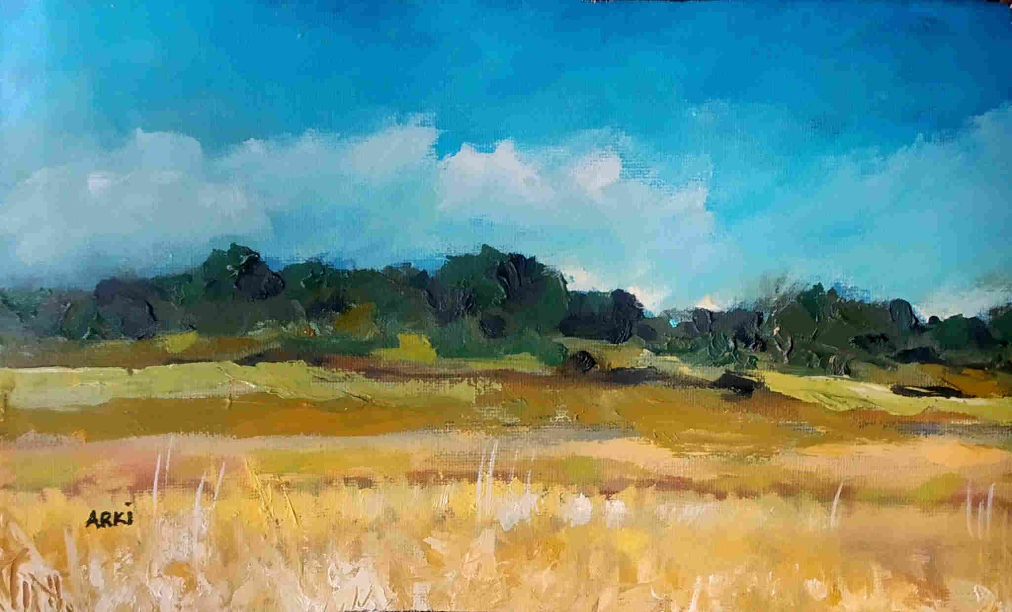 Peinture d'un paysage avec un champ et des arbres à l'horizon